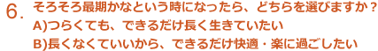 そろそろ最期かなという時になったら、どちらを選びますか?つらくても、できるだけ長生きしたい 長くなくていいから、できるだけ快適・楽に過ごしたい